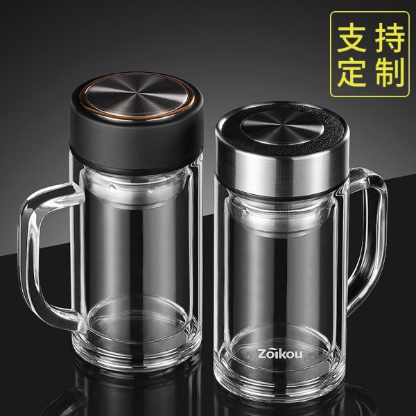 双层玻璃杯带把手茶杯商务办公杯男大容量带过滤便携家用泡茶杯子