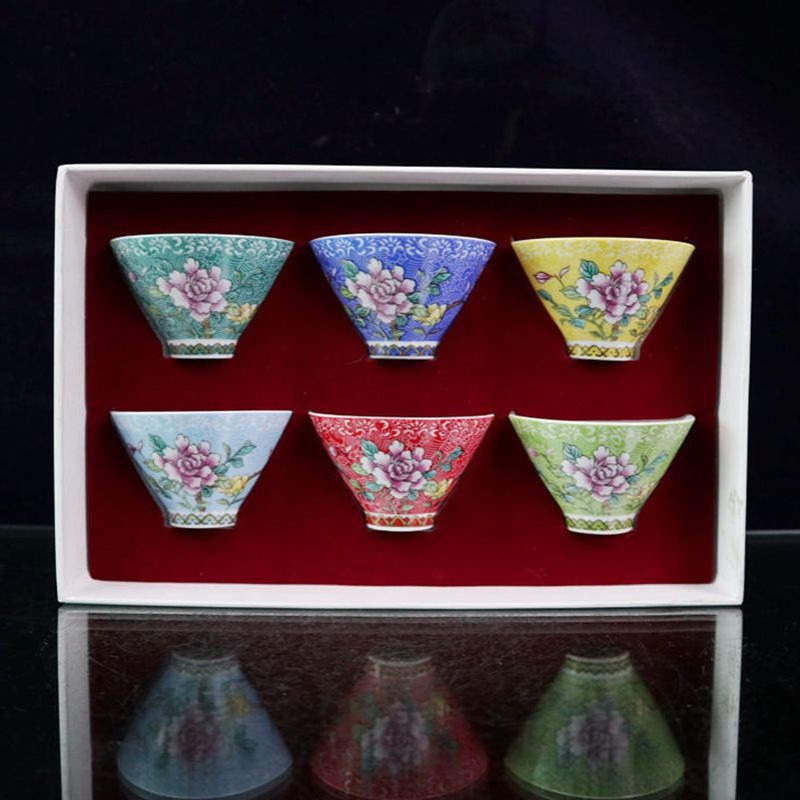 杂项古玩工艺品复古做旧粉彩花卉图纹斗笠杯一套家居客厅摆饰