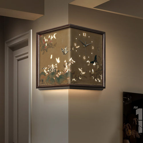 百蝶图复古挂钟装饰画客厅创意发光钟表免打孔双面钟拐角时钟挂墙