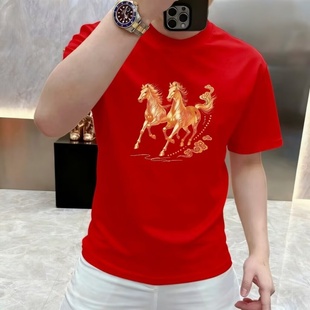 国潮风骏马印花短袖T恤男红色本命年百搭短T男生高级感纯棉体恤衫