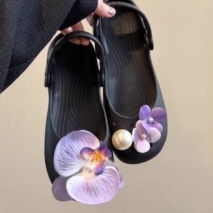 春日和风粉紫鞋花芭蕾舞鞋洞洞鞋可爱女生装饰配饰适配crocs卡扣