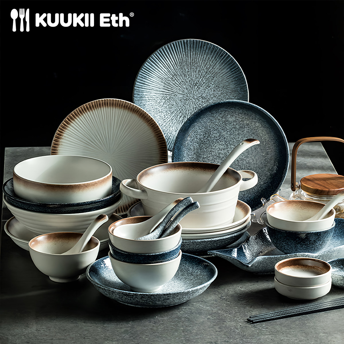 KUUKII日式餐具碗碟套装轻奢高级复古家用陶瓷碗盘碗筷乔迁新居
