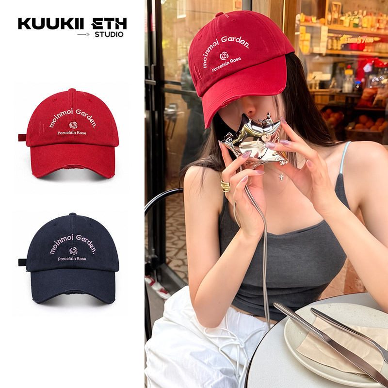 KUKIÐ帽子女花朵字母刺绣棒球帽韩版街头时尚做旧破洞鸭舌帽男