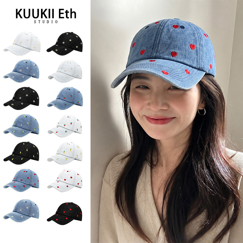 KUKIÐ爱心刺绣牛仔棒球帽女百搭弯沿鸭舌帽情侣户外运动遮阳帽