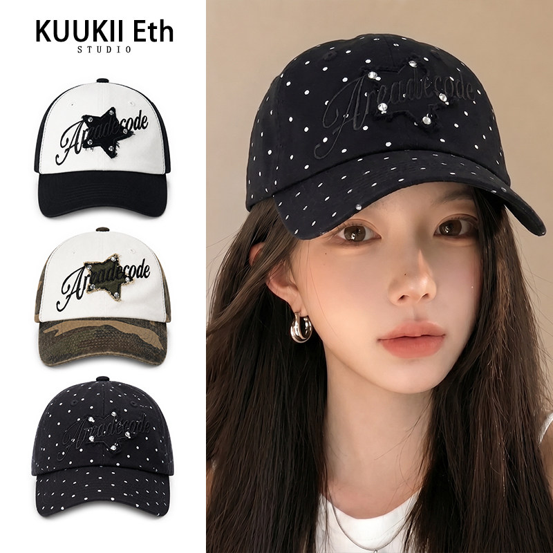 KUKI&ETH韩系拼色波点星星棒球帽女大头围显脸小百搭软顶鸭舌帽子