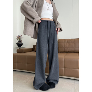 子女冬季 直筒阔腿卫裤 新款 窄版 加厚垂感软糯面膜糯米裤 灰色加绒裤