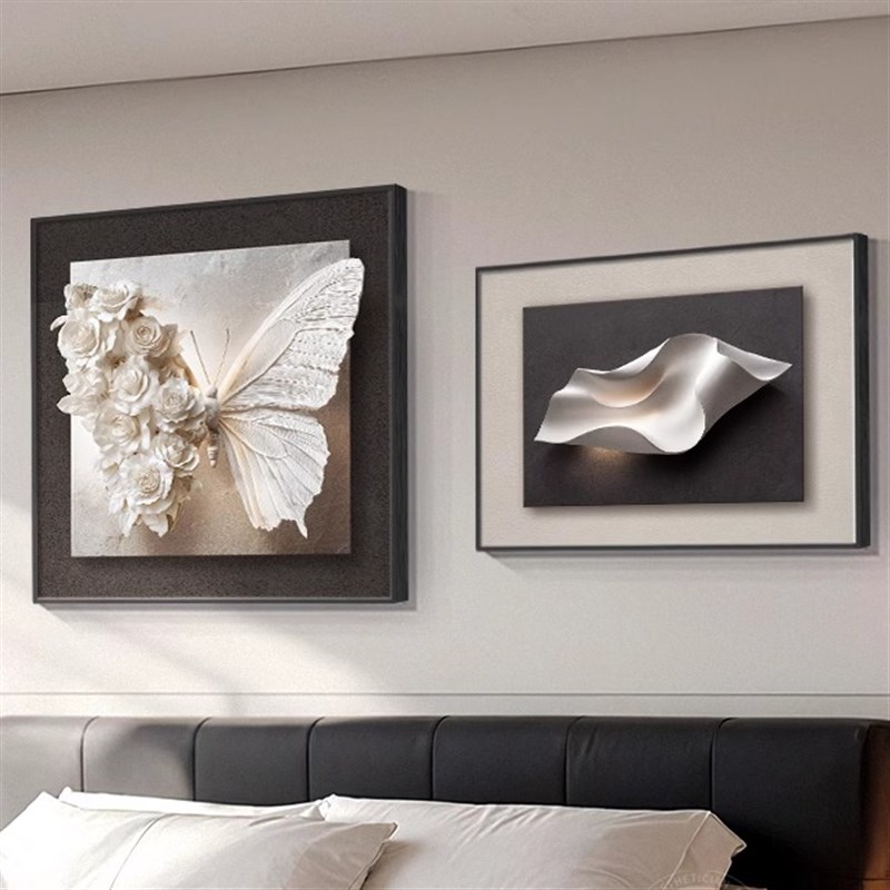 精品极简高级感卧室床头装饰画浮雕立体感餐厅背景墙挂画蝴蝶组合图片