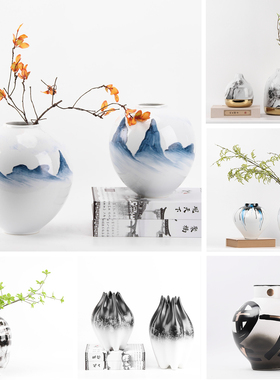 优选现代新中式陶瓷水墨花瓶样板房别墅软装饰品客厅办公室桌面摆