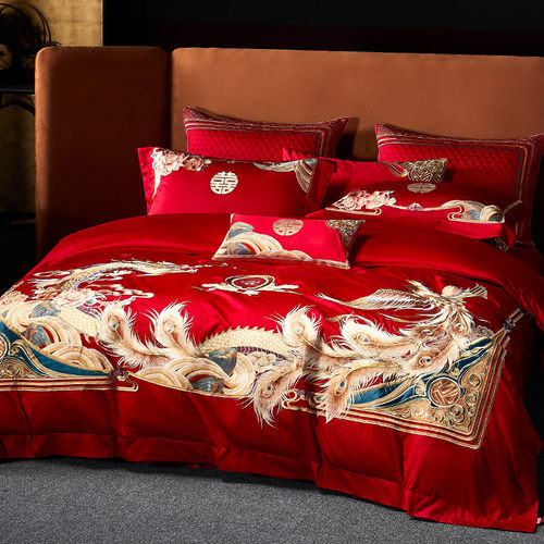 优选恒洽家纺中式龙凤婚庆100支全棉四件套大红色被套牀盖款牀上