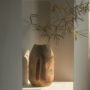 优选原素实木大花瓶复古客厅插花民宿侘寂风泡桐木艺术感玄关装饰