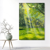 优选客厅丁达尔效应手绘油画绿色树木森林风景装 饰画玄关丙烯肌理