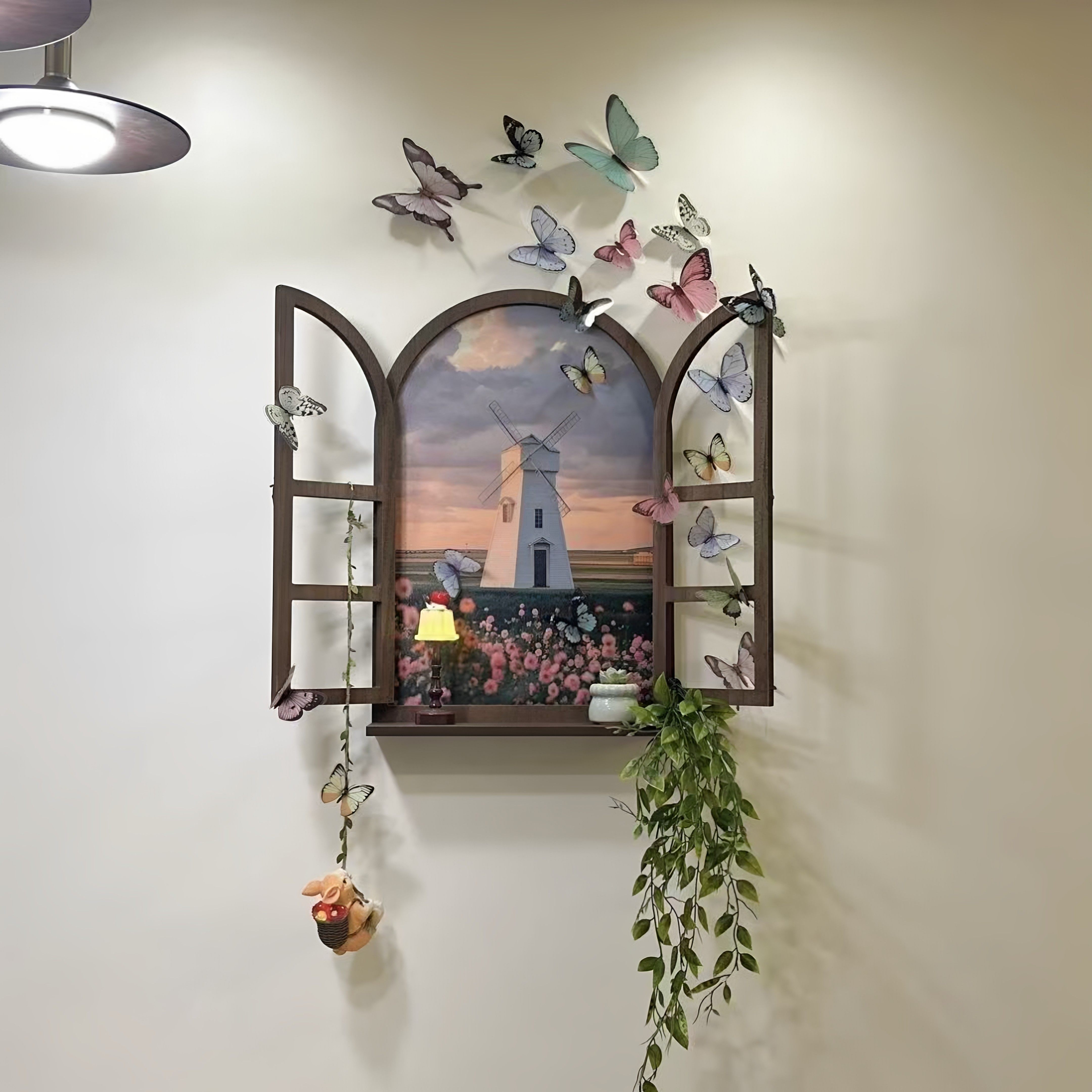 蝴蝶假窗装饰摆件少女心卧室风景墙遮丑神器背景墙布置改造装饰画