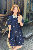 现货刺绣撞色韩版休闲复古丹宁学院风牛仔裙119-3702-P135-K198，女装连衣裙，ELIN