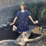 现货刺绣撞色韩版休闲复古丹宁学院风牛仔裙119-3702-P135-K198，女装连衣裙，ELIN
