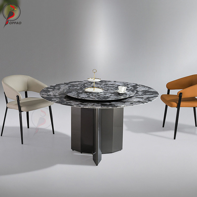 现代轻奢微晶石餐桌圆桌带转盘简约岩板圆形餐桌超晶石餐桌椅组合