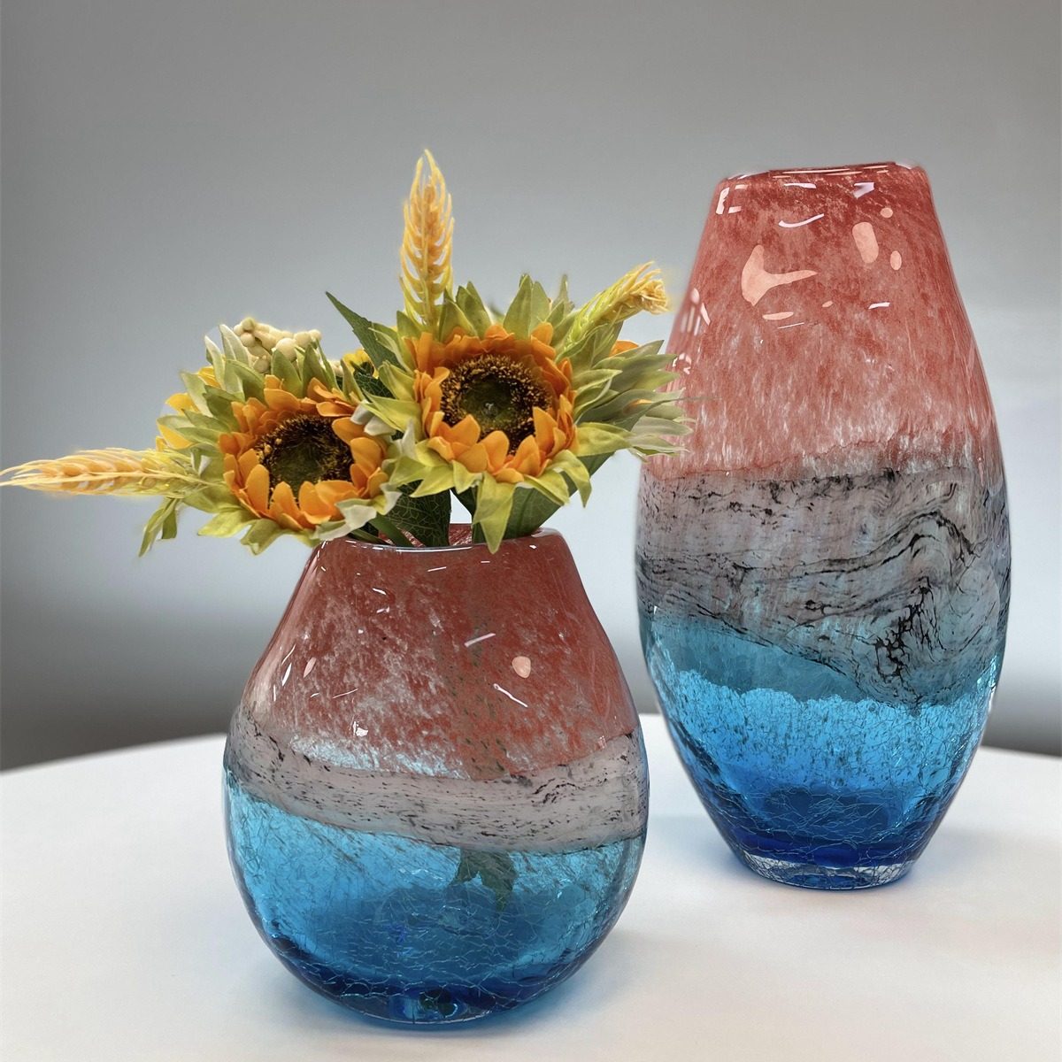 手工炫彩冰裂纹橘红蓝色琉璃花瓶玻璃家居装饰品水培摆件工艺品,模玩/动漫/周边/娃圈三坑/桌游,文化/体育周边,淘宝优惠券,粉丝福利购,淘宝优惠卷