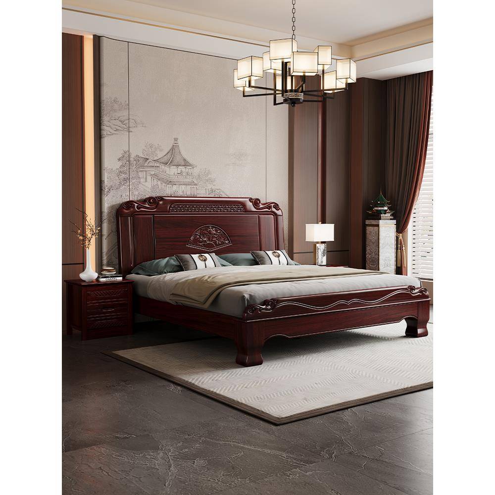 新中式酸枝木全实木床1.8m主卧室双人床别墅高端彷古雕花1.5m婚床