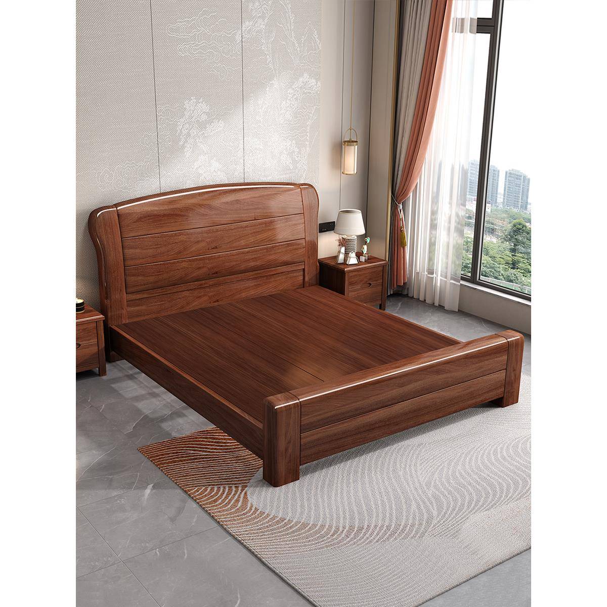 政府补贴胡桃木中式榫卯实木床1米5实木大板1米8双人卧室储物床I