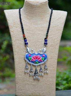 云南民族风新款老绣苗银长款毛衣链手工蜡绳民族服装配饰演出配饰