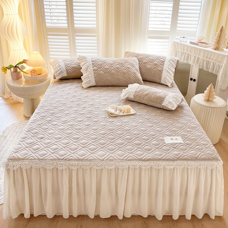 优选冬季高端法式夹棉床裙单件牛奶珊瑚绒加绒床单床罩款床围裙带