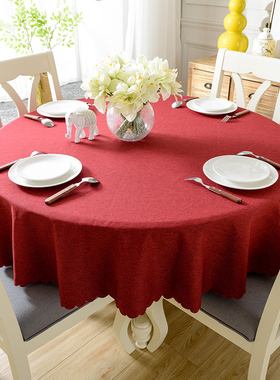 优选红色圆桌桌布圆形家用餐桌布棉麻圆桌布防水结婚喜庆节日酒店