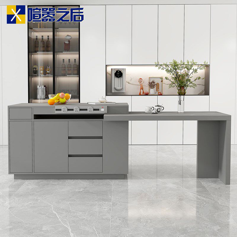 厨房可伸缩旋e转岛台餐桌一体意式轻奢岩板中岛台茶桌吧台柜子8E3图片