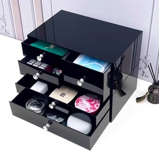 高级感黑色亚克力桌面化妆品收纳盒抽屉梳妆台轻奢简约防尘ins厚