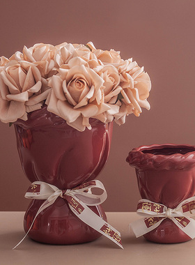 创意红色陶瓷花h瓶水培植物干花鲜花插花花瓶客厅桌面玄关装饰摆