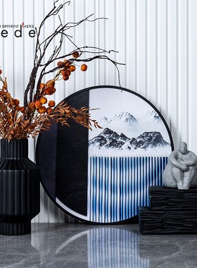 新中式黑白灰蓝样板间客厅玄关柜装饰柜茶几书R房书柜软装饰品摆