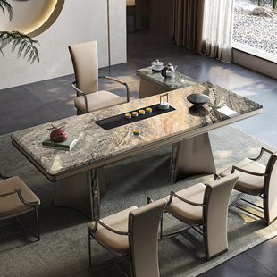 天然威尼斯棕奢石大茶桌现代轻奢高端茶桌椅组合家用办公茶台桌