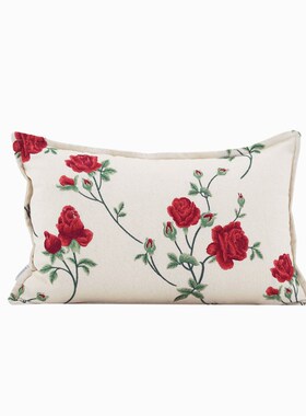 沙漠玫瑰Charm高级法式红色玫瑰本色棉麻刺绣四.季靠垫腰枕