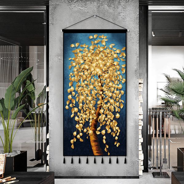 中式发财树挂毯装饰画玄关客厅布艺挂画背景墙装饰墙布挂布背景布图片