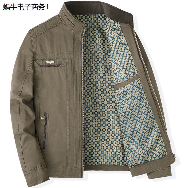 爸爸纯棉外套春秋季中年男装春装立领全棉上衣中老年人男士夹克衫