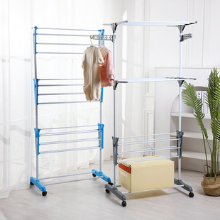 三层晾衣架家用阳台可移动晾衣架铁管免打孔晒被子带轮晾晒架批发