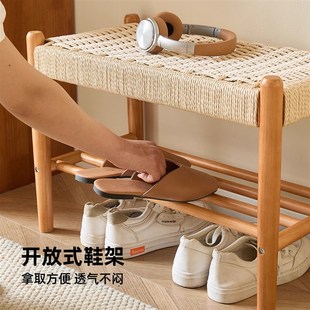 实木藤编换鞋 架坐凳一体 凳家用门口穿鞋 凳进门入户门矮凳长板凳鞋