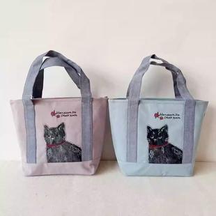 日本kusuguru刺绣黑猫提花数码 印拼接手提包逛街购物手拎包6049