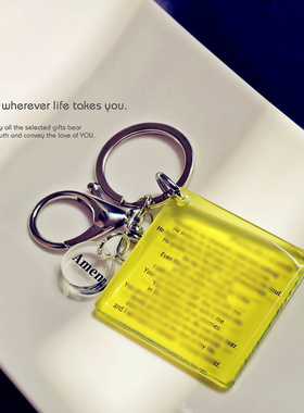 芥菜种【23】祝福黄色方形半透明中英文字亚克力钥匙扣包挂件原创