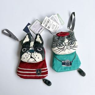 刺绣猫咪法斗卡包零钱包卡扣可伸缩证件袋8521 日本Kusuguru正品