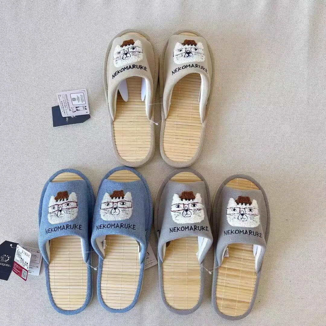 日本刺绣猫咪秋冬季布艺拖鞋情侣