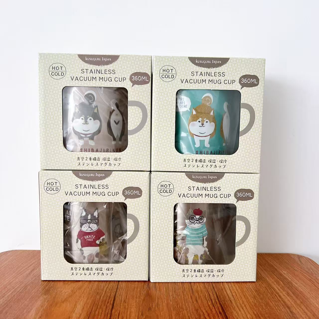 日本Kusuguru正品304保温保冷真空隔热手柄杯360ml卡通猫咪8699