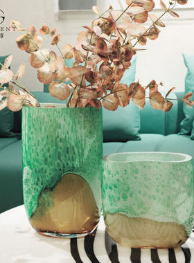 晶淳 三彩釉 绿色海洋风清新现代风餐桌玄关插花软装摆件玻璃花瓶