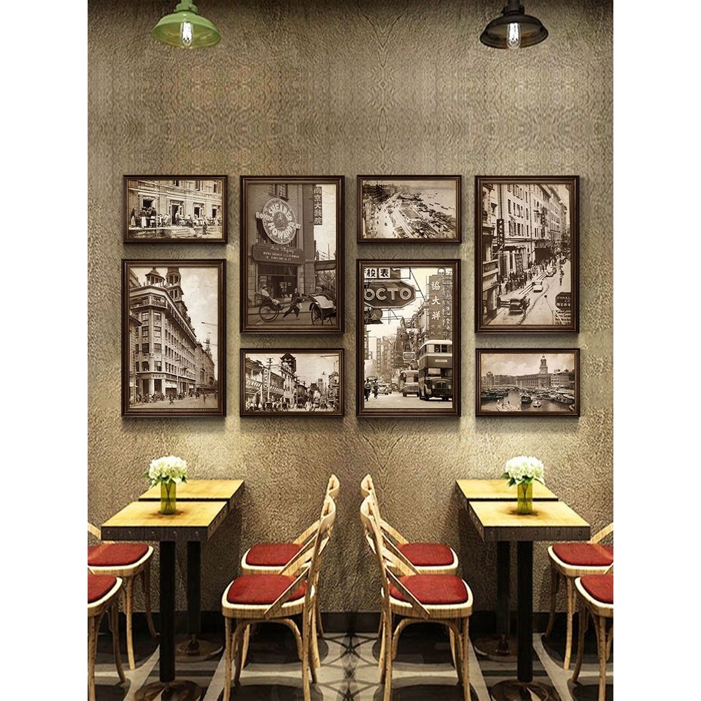 老上海建筑装饰画餐厅饭店复古街景老照片挂画火锅店怀旧墙面壁画图片