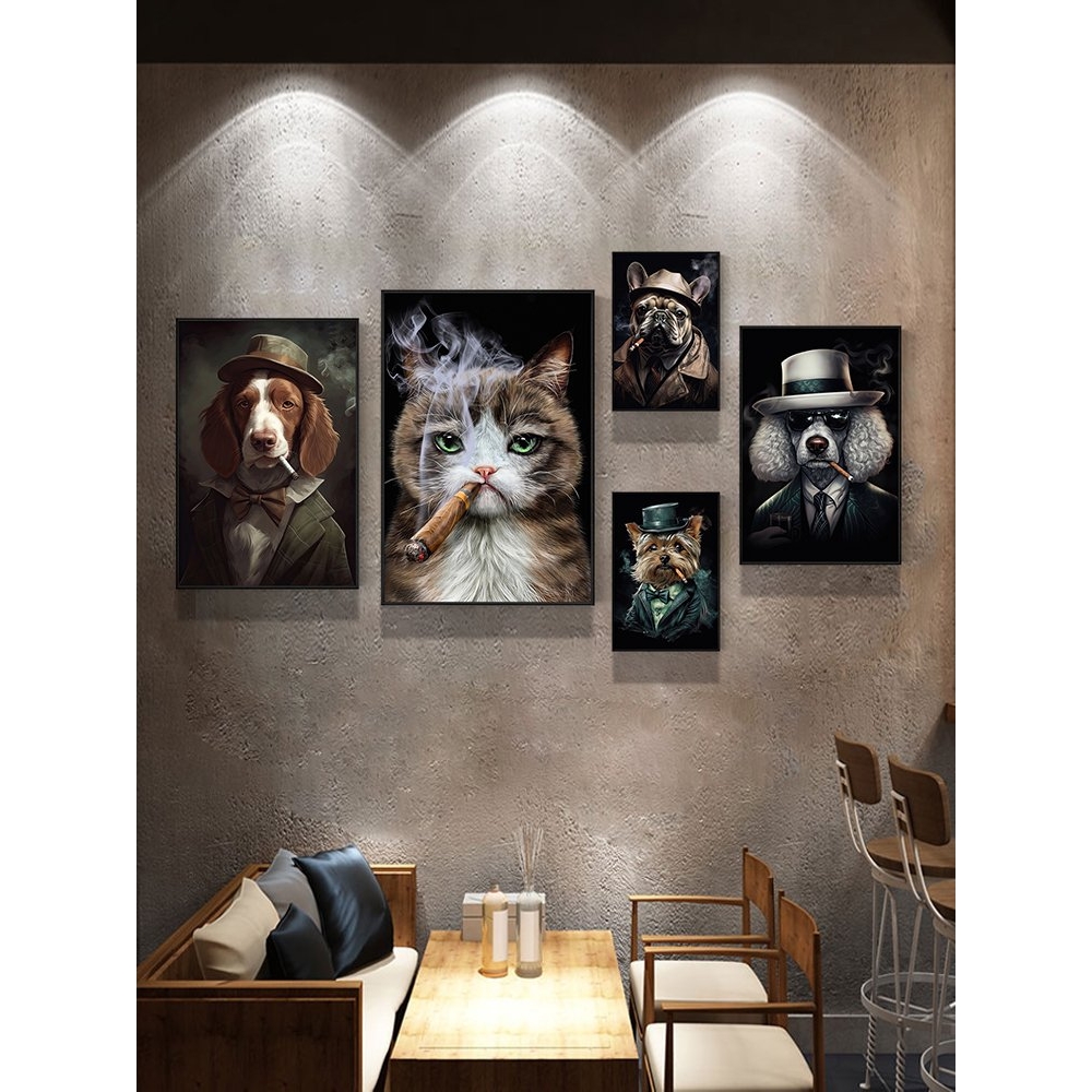 雪茄吧挂画复古烟酒行美式餐厅画动物宠物店抽烟烟酒店酒吧装饰画图片