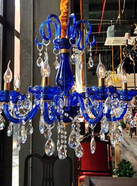 6头蓝色水晶吊灯酒吧吊灯漫咖啡水晶灯灯LED蜡烛水晶漫咖啡灯