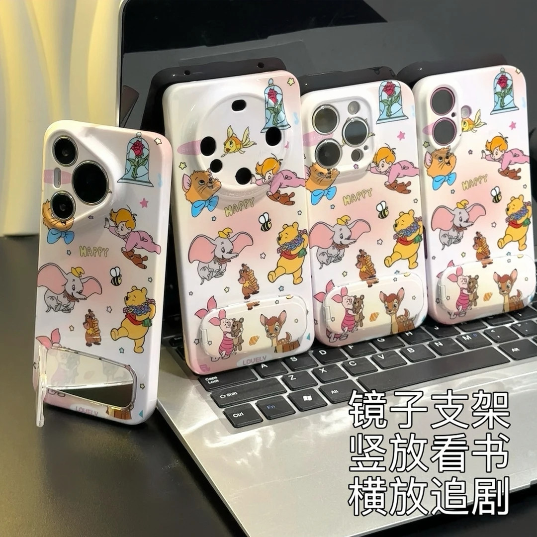 卡通VIVOIQOO12适用高级感iPhone14苹果13维尼熊总动员OPPOFindx8菲林可爱16ProMax带镜子支架15plus手机壳硬