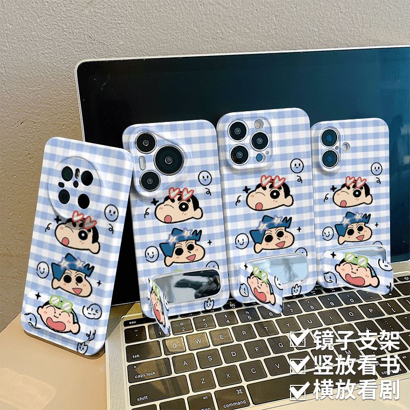 苹果15PLUS适用iPhone16卡通手机壳镜子支架小米CIVI5PRO眨眼小新OPPOReno14硬Nova12活力版13ProMax可爱菲林