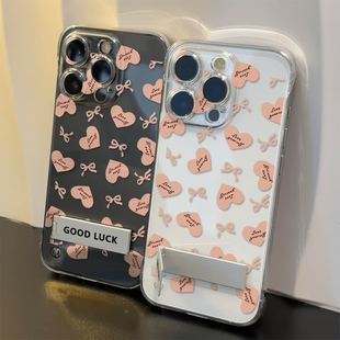 适用14无边框苹果13高级感16plus手机壳带支架15ProMax超薄iPhone12透明硬红米k70Ultra蝴蝶结真我gt7pro创意