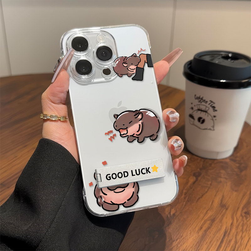 iPhone16透明硬15适用14plus创意河马真我gt7pro无边框苹果13ProMax高级感12超薄OPPOFindx8小众手机壳带支架