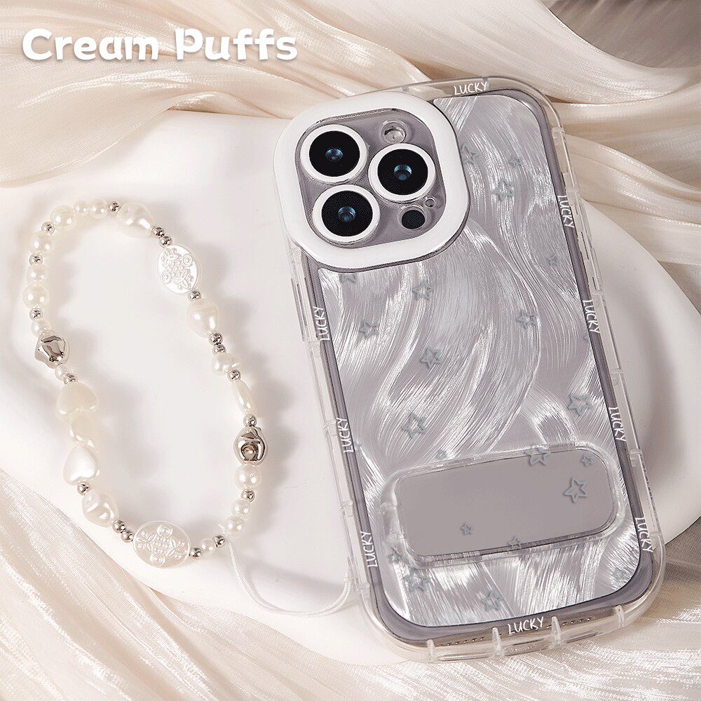 苹果17小清新14PLUS羽纱泡芙iPhone13镜子支架ins线条星星IQOO15适用少女心16ProMax带挂绳手机壳软12荣耀500