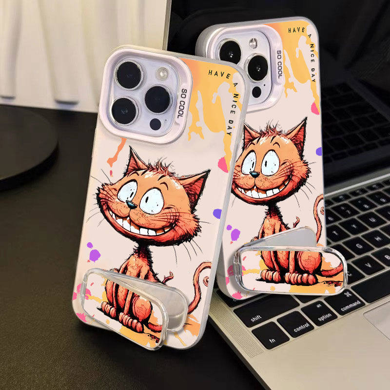 卡通16PLUS适用硬iPhone12搞怪小猫彩银苹果13带镜子支架小众OPPOReno14高级感手机壳15ProMax创意荣耀400PRO